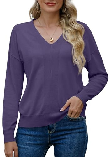 PrinStory Pull tricoté à col en V pour femme - Manches longues - Pull d'hiver pour femme - Couleurs vives, lilas, S