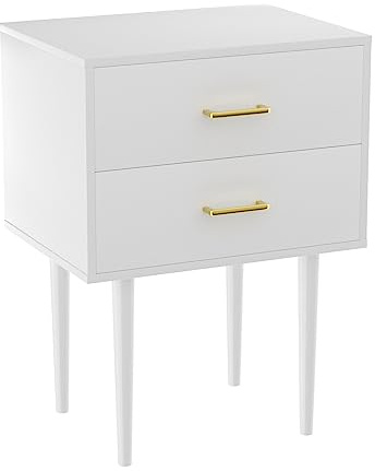 Smart FENDEE Nachttisch, Beistelltisch mit 2 Schubladen, Goldene Griffe, Moderner Stil, weiß, 50x38x64cm