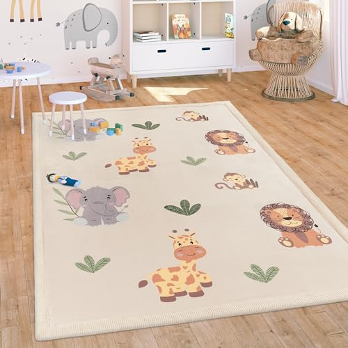 Paco Home Teppich Kinderzimmer Baby Krabbeldecke Krabbelmatte Waschbar rutschfest Regenbogen Planet Sonne Tiere Weich, Grösse:140x200 cm, Farbe:Beige