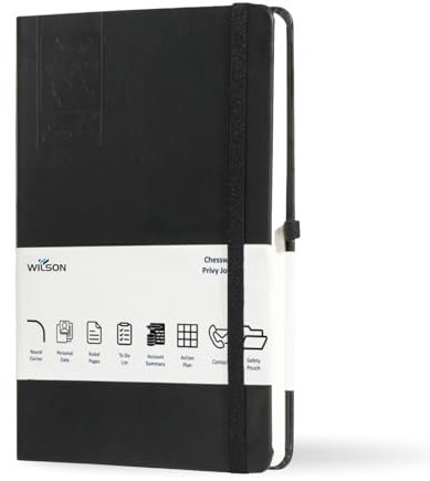 InfinityMarket Wilson A5 Notebook Journal Soft Vegan Leather Cover, Lined Fountain Pen Friendly Pages, Pen Loop, Ribbon Bookmark, Paper Pocket, Hardback Journal for Work, School & Journaling (Black)