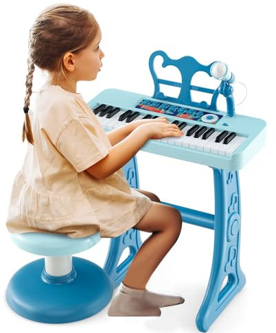 COSTWAY 2 en 1 Piano Numérique à 37 Touches Enfants avec Tabouret & Microphone Réglable, Clavier Electronique Détachable avec Pupitre Amovible, Charge 50kg pour Enfants de 3 Ans+ (Bleu)