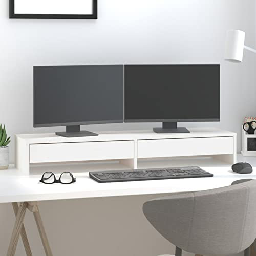 Gecheer Monitor Stand Riser, Laptop Stand for Desk, Monitor Desk Stand Riser with 2 Drawers, Wood Laptop Desk Printer Stand for Home and Office Table Organizer White 100x27x15 cm