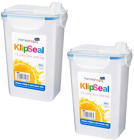 HOMESHOPA Fridge Liquid Storage Jug, 2 Pack Clip & Lock Seal Clear Plastic Juice Containers, BPA free Airtight Jug for Milk, Water & More, Dishwasher Freezer & Microwave Safe
