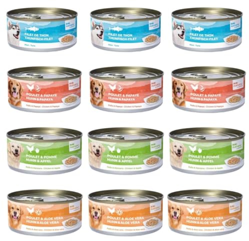 Bubi Nature Komplettes Nassfutter für Hunde, 12 x 150 g, sortiert (3 x Thunfisch, 3 x Huhn und Papaya, 3 x Huhn und Aloe Vera, 3 x Huhn und Apfel)