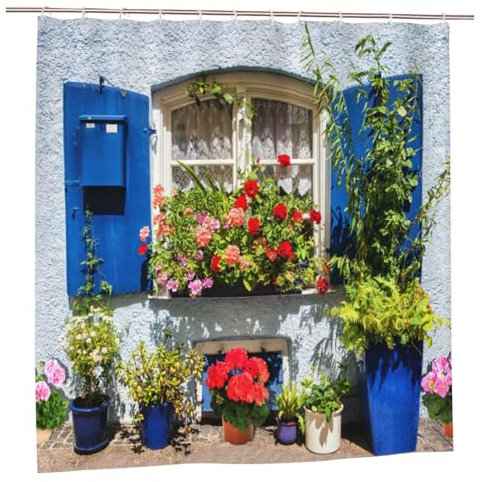Newhomestyle 3D Printing Home Garden Flowers Shower Curtain, Blue Window Garden Decoration, Waterproof Quick-Drying Polyester Fabric Bathroom Curtain with 12 Hooks, 180X180cm/ 71X71 in