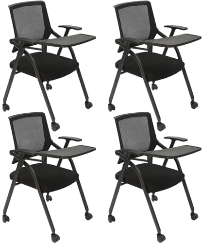 SHAIRMB Fauteuil à Tablette, Pliable Chaises De RéCeption pour InvitéS, Chaises De Salle De ConféRence avec roulettes, Chaise Empilable Gigogne, Chaises De Bureau ExéCutif,Noir,4pcs