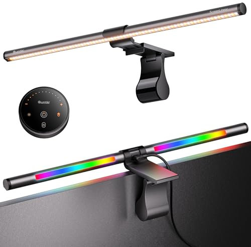 Quntis Barra de luz RGB Pro+ para monitor con control remoto, 15 modos de retroiluminación para juegos, 4 colores y brillo regulable, luz frontal regulable, lámpara de monitor de lectura USB Ra95 de