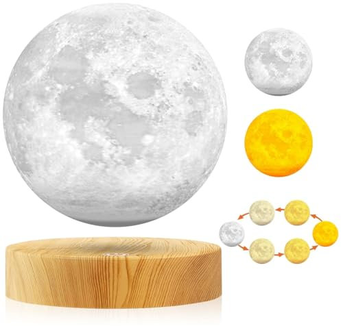 Vnemofey Schwebende Mondlampe mit 3 LED-Farben, schwebende Mondlampe, mehrfarbiges Nachtlicht, drehbare Tischlampe, Touch-Steuerung, 3D-gedrucktes Schreibtisch-Mondlicht, Stimmungslicht,