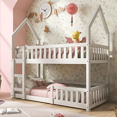 ANIROY 3FT Single Bunk Bed 90 x 190cm, Twin Sleeper Bed with Ladder, Solid Wood Children's Castle-Shaped Bed for Kids Children (White)