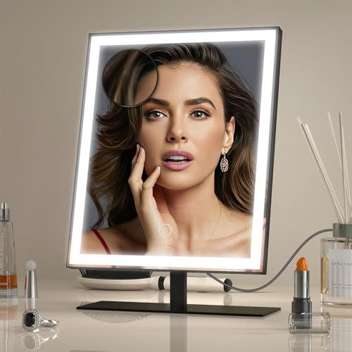 Amdelne MIRA Vanity Mirror with Lights, 25x34cm Lighted Makeup Mirror, LED Make up Mirrors with 3 Colour Modes, 10x Magnifying Mirror, USB-C&Adapter, Touch Control Dressing Table Mirrors Square Black