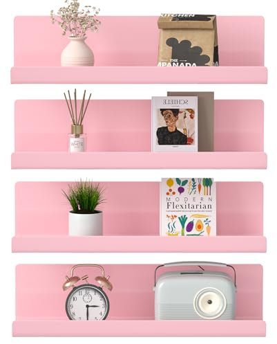 WELDUN Lot de 4 étagères murales flottantes - Affichage d'images - Étagères murales décoratives pour salon, chambre, salle de bain, cuisine, bureau à domicile, buanderie, plastique - Rose