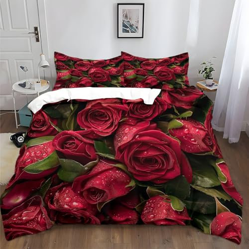 XCQHZYQ Bettwäsche 180x200 cm Rosenrot Bettwäsche Set für Doppelbett mit Reißverschluss und 2 Kissenbezug 80x80 cm, Bettbezug Set 3 Teilig Bettdeckenbezug