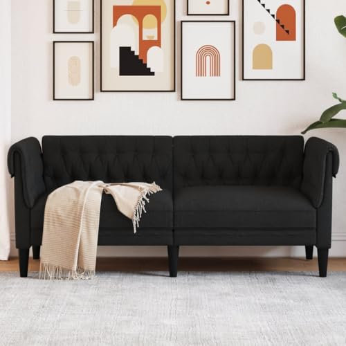 CINDERFUL Chesterfield-Sofa 2-Sitzer Schwarz Stoff,Elegantes und gemütliches Chesterfield Sofa, 2Sitzer, schwarz, für Wohnzimmer Möbel, Wohnzimmer