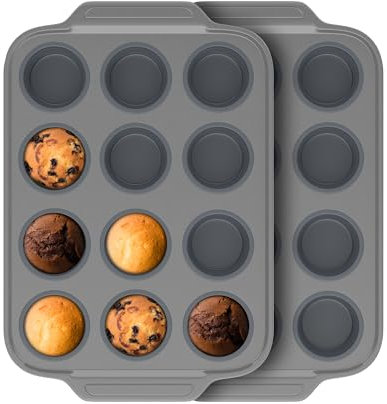 EDENCOMERS Silicone Muffin Pan with Metal Frame, Egg Bite Maker Silicone Molds for Baking, Cupcake Pans 12 Regular Size, Muffin Tins Easy to Pop Nonstick Non Toxic Bakeware for Oven (2, Grey)