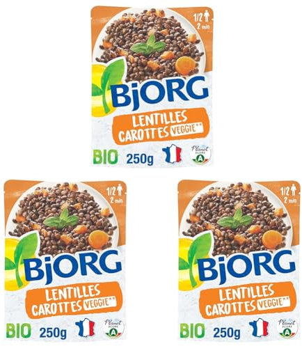 BJORG - Plat Cuisiné Lentilles Carottes Bio - Plat Préparé Bio et Végétarien - Doypack Micro-ondable 250 g (Lot de 3)