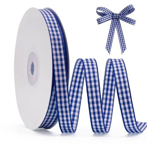 FAKILO Schleifenband Blau Gingham-Band 10mm x 22m Geschenkband Blau - Weiß Büffelkariertes Kariertes Band für Weihnachten, Geschenkverpackungen, DIY Basteln