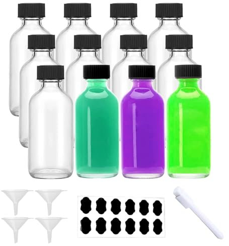 Eidoct 12pcs Glass Shot Bottles 60ml Clear Glass Bottles with 12 Lids 4 Funnels 12 Labels 1 Pen, for Ginger Juice Liquor Essential Oil