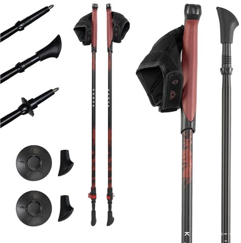 KADVA Bâtons de Marche Nordique Nordic Walking HALNA Couleur Rouge avec Taille Réglable 84-135 cm Système de Blocage Rapide Quick Lock pour Un Blocage Stable et Sécurisée