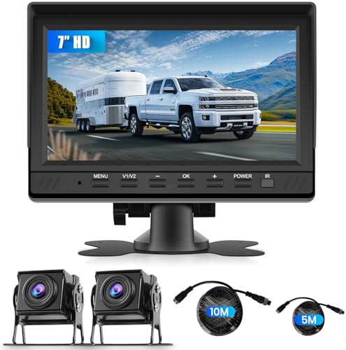 VECHTEL IPS HD 7 Zoll Rückfahrkamera Kit mit 2 Kameras, Rückfahrkamera mit IP68 Wasserdicht Nachtsicht DVR für LKW Wohnwagen Lastwagen Wohnmobil