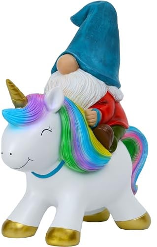 Mood Lab Gartenzwerg Statue – Gartenzwerg reitendes Einhorn – 24,6 cm Rasenfigur – für Outdoor oder Haus Dekor – lustige Hof- und Terrassendekoration