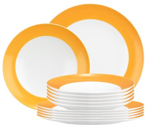 Seltmann Weiden Liberty Pure Colors Mango Orange Tafelservice 12-teilig, Speise- und Suppenteller mit farbigem Rand, Mix-&-Match-Geschirr, Spülmaschinen- und Mikrowellenfest, Porzellan, Orange