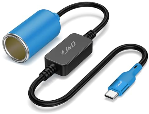 J&D USB C Male to 12V Car Cigarette Lighter Socket Female Converter Cable, 12V 18W Power Cable for Dash Cam, GPS, Car LED Light Strips, Blue, 90 cm