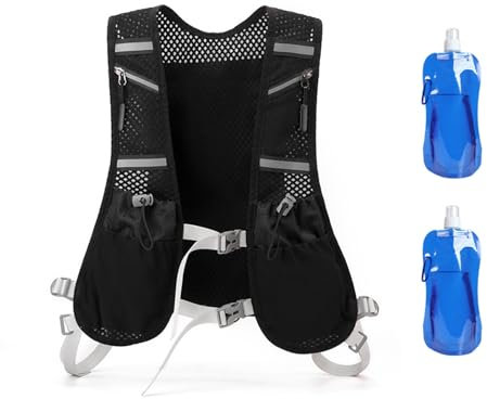 Laufweste mit 2 Soft Flasks 480ml, Verstellbar, Reflektierend, Atmungsaktiv, für Damen und Herren, Mehrere Taschen, für Marathon, Jogging, Radfahren