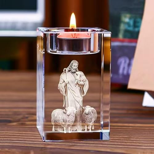3D Kristallglas Teelichthalter Jesus Kerzenständer Glas Deko Candle Holder Teelichthalter Transparent für Kerzen Deko Hochzeitsdeko Tischdeko Abendessen Hochzeit Kirche Gebet Weihnachten Geschenke