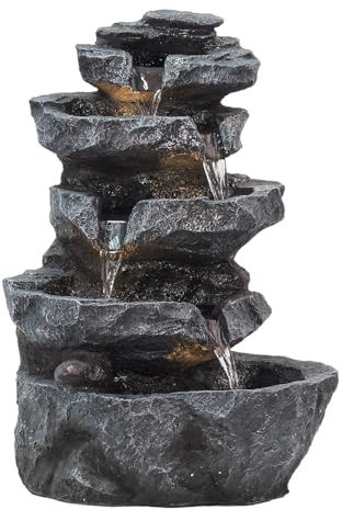 Fuente de agua de 5 niveles en cascada para exteriores con luces LED, decoración de cascada de resina para jardín y patio, 6 luces blancas suaves, para relajarse por la noche, 5 niveles