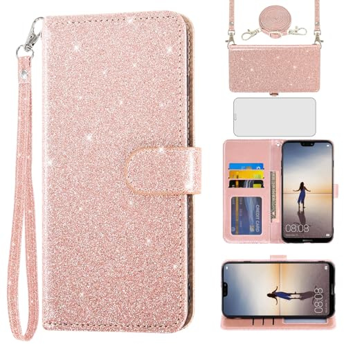 Asuwish Handyhülle für Huawei P20 Lite Hülle mit Band Folie Kartenfach Klappbar Glitzer Leder Geldbörse Ständer Hawaii P 20 P20lite 20P ANE-LX1 Nova 3E Handy Hüllen Schutzhülle Phone Case Roségold