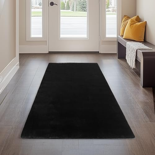 Carpetsale24 Kurzflor Teppich Läufer Flur 80 x 150 cm Schwarz - Teppich Waschbar, rutschfest, Weich, modern einfarbig Design - für Wohnzimmer, Schlafzimmer, Küche, Esszimmer