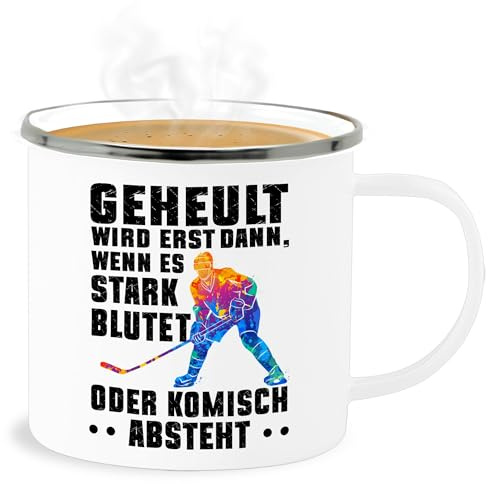 Emaille Becher Blechbecher - Tassen - Geheult wird erst wenn es stark blutet I Eishockey Geschenk Eishockey Geschenkideen Ice Hockey Fans - 300 ml - Weiß Silber - für mug geschenke fan
