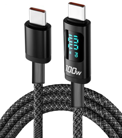 100W USB C to Type C Charger Cable 1M, PD3.0 Fast Charging Cable with LED Digital Display, Nylon Braided, 480Mbps Data Transfer, Compatible with iPhone 16 15, MacBook, Galaxy, Pixel, Switch, PS5