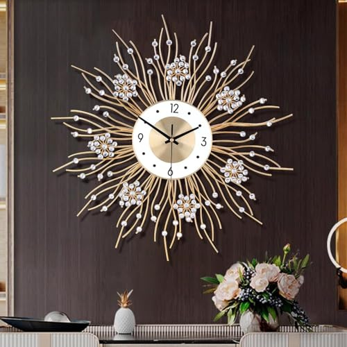 TOHOOYO Große Wanduhren, stille Sonnenblume Form schicke dekorative Wanduhr, Moderne Nicht tickende runde Uhr Zifferblatt Eisen große Wanduhr für Wohnzimmer Dekor Eingang Büro Cafe / 27.5 Zoll