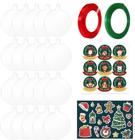 20 Stück Acrylscheibe Rund Mit Loch, 7,5 cm Weihnachtskugeln Zum Bemalen Und Befüllen, Durchsichtige Kugeln,Weihnachtskugeln Weiß Mit 2 Aufklebern Und 2 Bändern,Für Weihnachten Dekoration Basteln