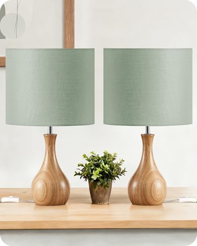 GOEBLESON Nachttischlampe aus Holz 2er Set, Grüne Tischlampe | Nachttischlampe mit Kabel, Fensterbank Lampe, 2700K LED-Birne, für Wohnzimmer, Schlafzimmer, Arbeitszimmer, ZMJ09TLDP205