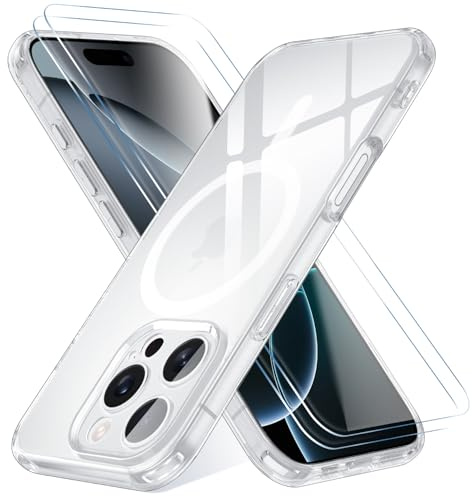 YeaVoic Coque Magnétique pour iPhone 16 Pro avec 2 Verre Trempé Protection D'écran Compatible avec MagSafe, HD Clair Anti-jaunissement Housse Étui Protection Case Antichoc Silicone Bumper Transparent