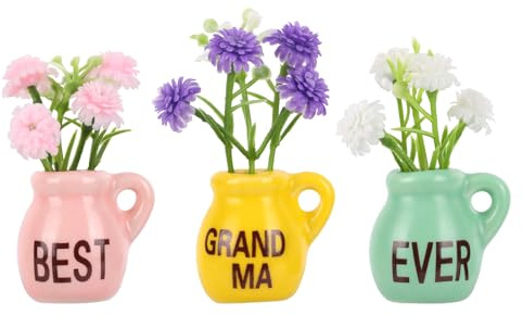 3pcs Mini Vase Magnets for Grandma, Cute Mini Ceramic Flower Vase Refrigerator Magnets with Artificial Flowers for Grandma Birthday Mother's Day Thanksgiving Gift