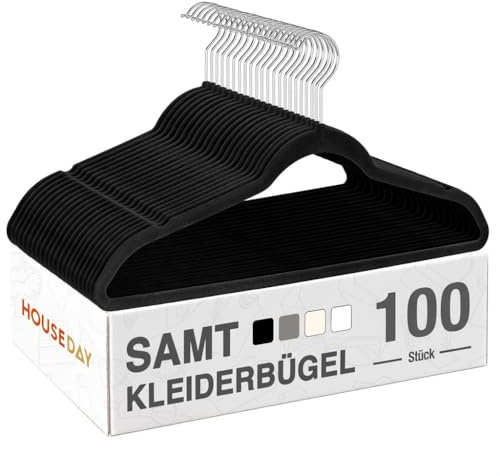 HOUSE DAY Kleiderbügel Samt 100er Set, rutschfeste Bügel, Schwarz | Kleiderbügel Platzsparend, Samtbügel Schmal mit 360° Drehbarer Haken, für Hemden, Anzüge, Mäntel, Pullover, Hosen