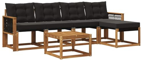 vidaXL Outdoor-Sofagarnitur mit Kissen 6 pcs Natürlich und Schwarz, Gartenmöbel, modernes Outdoor-Sofa, modulare Sitzgruppe für Terrasse und Lounge, langlebig und bequem