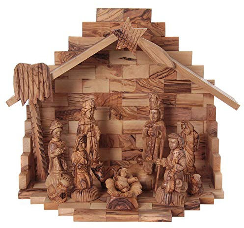 Holyart Hütte und Krippe Olivenholz Bethlehem 25x30x20cm
