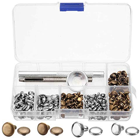 Gasea 120 Kit Rivets Tubulaires Métal Cuir Set 2 Tailles Rivets Boucle Réparation Bouton-Pression à Double Capuchon Avec Goujons de Fixation Pour Bricolage Ceinture Jean Veste(Bronze Argenté)