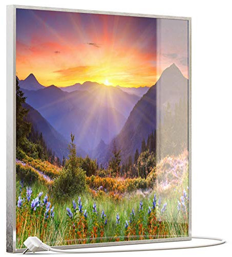 STEINFELD Heizsysteme® Glas Bild Infrarotheizung mit TS11 WiFi Thermostat | Made in Germany | Motive 034 Sonnenuntergang (350 Watt, silber/Alu)