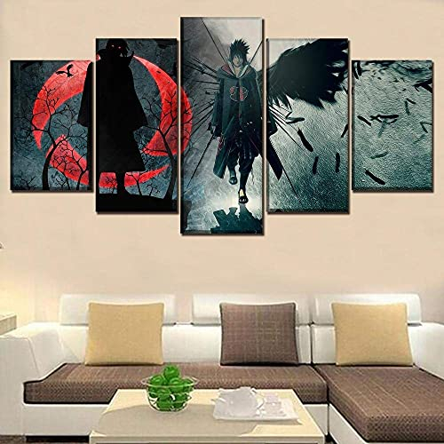 SINGLEAART Leinwanddrucke,5 Teilige Leinwand,Anime Naruto Sasuke Uchiha,Uchiha Itachi,5 Stück Wandbild,Wohnzimmer Dekoration,Modular Wandkunst,Brettmalerei,Geburtstagsgeschenk,200×100cm,Mit Rahmen