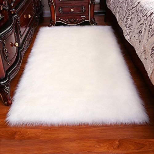 DAERG Long Hair Solid Carpet Living Room Deco Artificial Skin Rectangle Fluffy Mat Pad Anti-Slip Chair Sofa Cover Plain Area Rugs,white,80x80cm