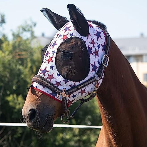 Harrison Howard Super Comfort Stretchy Fly Mask Large Eye Space with UV Protection Soft on Skin with Breathability Roter Blauer Stern (M)
