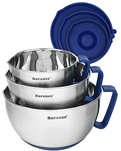 Ensemble de bols à mélanger avec couvercles Rorence : bols à mélanger en acier inoxydable avec poignées, fond antidérapant et bec verseur - Bleu