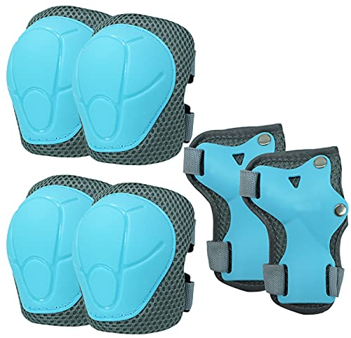 Knieschoner Set Kinder Inliner 6 in 1 mit Tasche, Fahrrad Fussball Ellbogenschützer Schützer Verstellbar Knieschützer, Handgelenkschoner für 3-14 Jahre Teenager Skaten Roller Skateboard (Blau/Grau)