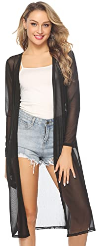 Totatuit Women Long Sheer Cardigan - Long Sleeve Open Front Thin Summer Lightweight Cardigan with Side Slits - Swimsuit Bikini Cover Up - Black XL