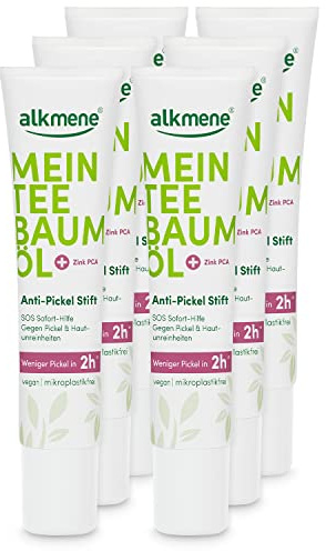 alkmene Mein Teebaumöl Anti Pickel Stift 6x 15 ml - weniger Pickel in 2h | Naturreines Teebaumöl, vegan & klimaneutral - SOS Pickelstift Soforthilfe gegen Pickel & Hautunreinheiten - Antipickelstift